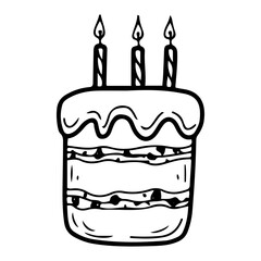Birthday cake with candles. Hand drawn doodle. Festive sweet dessert. Pastry with cream. Bakery. Confectionery. Delicious holiday food. Vector line art illustration.