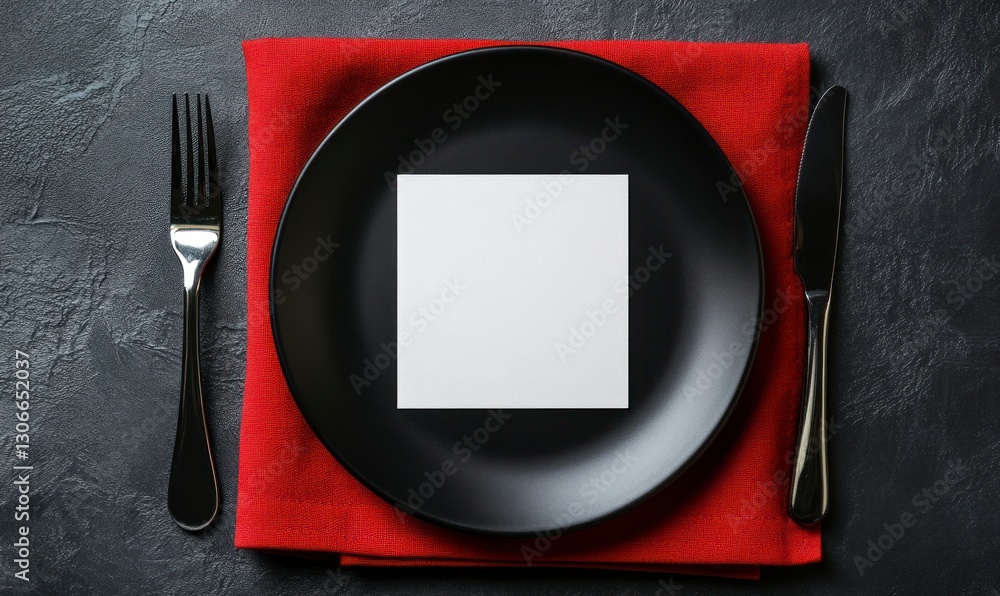 Poster elegant table setting with black plate and red napkin overhead view