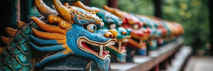 Fototapeta premium A Vibrant Display of Colorful Dragon Sculptures in an Ancient Chinese Temple Garden, Symbolizing Power and Protection