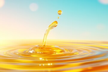 Golden honey drop bounces on water, vibrant fluid dynamics highlighted, blue sky reflection enhances natural warmth, ripples create a dreamy organic effect.
