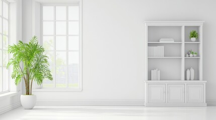Bright white room, bookcase, plant, window, minimalist design, interior design mockup