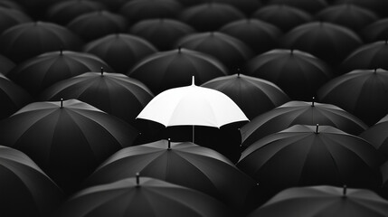 A single white umbrella stands out among countless black umbrellas, symbolizing uniqueness, individuality, and leadership. A powerful concept for branding and creativity.