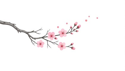 Delicate Cherry Blossom Branch Against a White Background