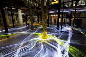 Data streams flow dynamically through an urban setting capturing the essence of modern connectivity and technology