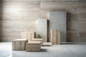 Minimalist interior scene featuring wooden and concrete blocks against a textured wall