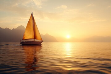 Fototapeta premium A golden sailboat sails gracefully against a majestic mountain backdrop, capturing the harmony between land and water in a breathtaking natural setting.