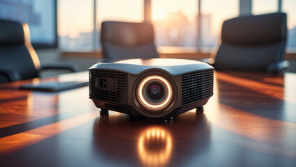 a high tech projector with illuminated lens, sitting on a polished wooden conference table. The softly blurred background reveals an office setting.