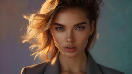 Fototapeta premium Confident Woman in Stylish Gray Suit with Flowing Blonde Hair Glowing in Soft Sunset Light