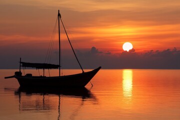Naklejka premium A striking silhouette of a traditional fishing boat against the vibrant hues of a sunset, capturing the essence of calmness and serenity.