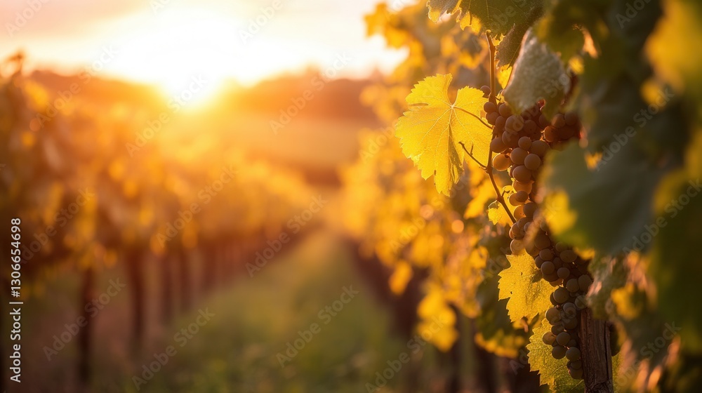 Poster golden sunlight illuminating grapes in a vineyard during sunset on a warm evening in autumn generati