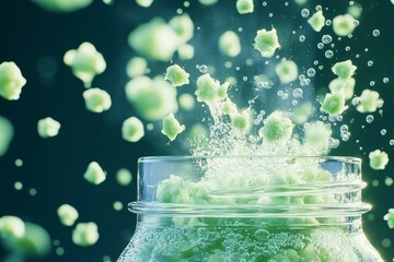 Green fruit pieces explode into air, suspended in sparkling bubbles, vibrant energy captured in macro shot emphasizing freshness and motion.