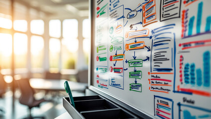 Obraz premium a brainstorming whiteboard with various sketches, flowcharts, and handwritten business strategies in multiple colors.The blurred background reveals a contemporary office environment.