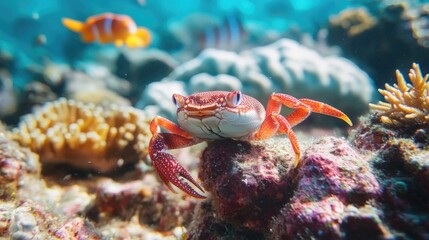 A colorful crab resting on rocks amidst a vibrant coral reef scene