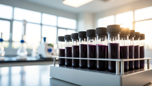 test tubes holding small purple liquid samples in a modern laboratory. The background is intentionally blurred, depicting a well equipped science lab