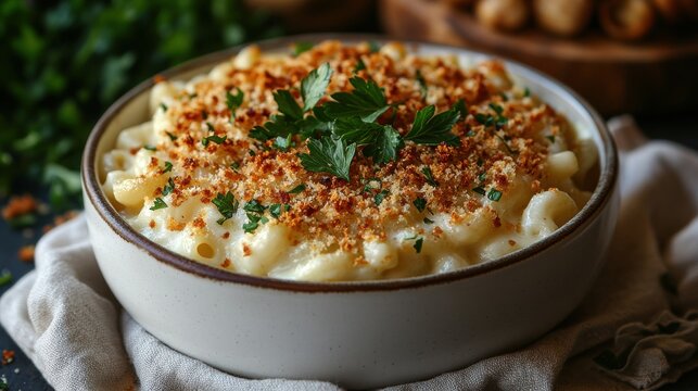 a bowl of creamy macaroni and cheese topped with golden breadcrumbs and a fresh parsley garnish served in a white dish placed on a linen napkin