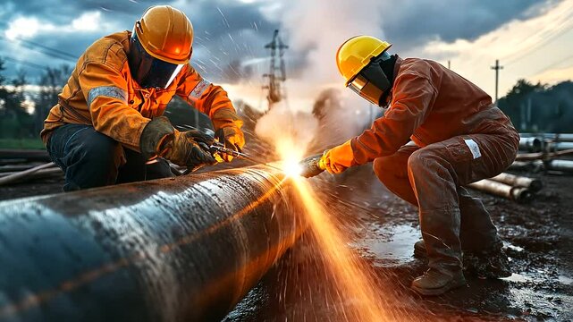 An emergency repair scene with workers welding a leaking industrial pipe, sparks flying amidst the spray of escaping water.
