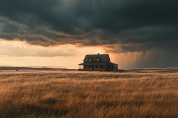 Fototapeta premium thunderstorm rolling over the prairie, capturing a solitary farmhouse in the vast expanse of the prairie