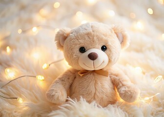 Adorable Beige Teddy Bear Drone Shot, Cute Plush Toy Aerial Photography, Light Background, Smiling Bear Photo