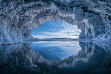 Crystalline cave with an underground lake, highlighting stalactites hanging from the crown, reflected in the still waters below