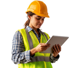Female construction worker using a tablet, isolated on a transparent background. PNG photo cutout. 