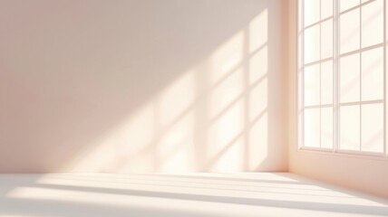 Fototapeta premium Sunlight illuminating white wall in empty room Minimalistic abstract simple with potted casting shadows on the floor and wall