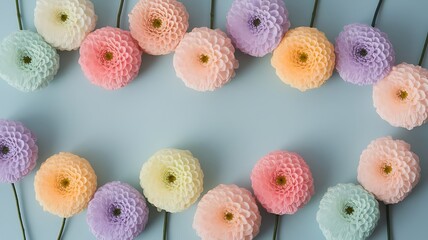 Fototapeta premium Flatlay of beautiful soft flowers on a blue background an elegant and colorful ccollection