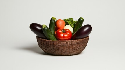 A vibrant and colorful basket overflowing with freshly picked vegetables, isolated against a crisp white background. 
