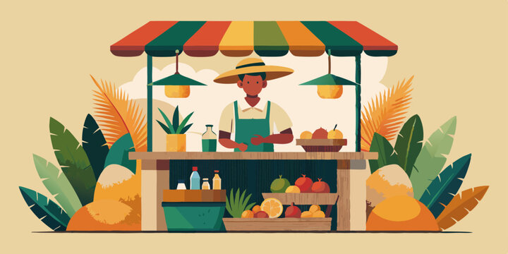 Ilustraci&oacute;n de un puesto de mercado con un vendedor ofreciendo frutas frescas y bebidas bajo un toldo de colores.
