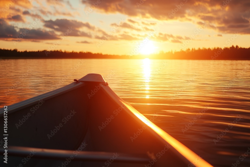 Poster this enchanting image captures a canoe gliding through calm waters as the sun sets, filling the sky 