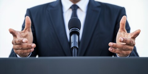 Politician or businessman speaking at a podium, public speech and leadership, political debate or corporate presentation concept.