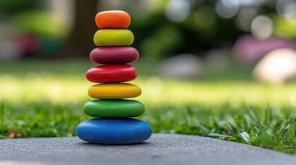 Colorful Stacked Stones in a Vibrant Garden Setting: A Detailed View of an Artistic Arrangement of Stones in Vivid Colors Against a Lush Green Background