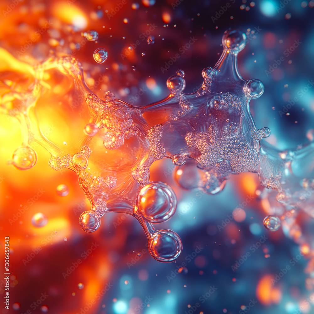 Poster Translucent droplets floating in space coalesce into a fluid, organic form. Their surface shimmers, reflecting cool blues and warm oranges, creating the illusion of living, fluid matter