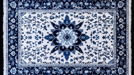 Islamic geometric rug pattern in blue and white, interlocking star designs, symmetrical and striking, ultra-detailed, 4k