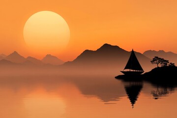 Fototapeta premium A serene sailboat is silhouetted against a magnificent sunset, creating a calming and meditative scene that captures the essence of peace and tranquility on the water.