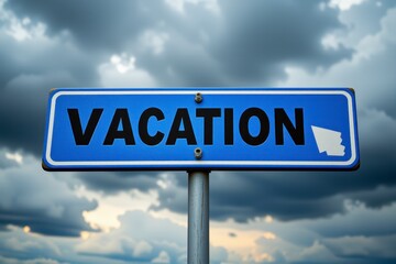 Obraz premium Blue Vacation Signpost Against Cloudy Sky Travel Concept Holiday Destination Pointer