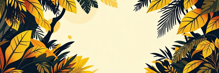 Tropical Leaf Banner Golden Yellow Dark Green Foliage Jungle Plants Nature Background