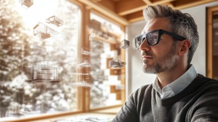 An architect wearing smart glasses with augmented reality, visualizing D models of buildings and structures, with design elements floating in the air.