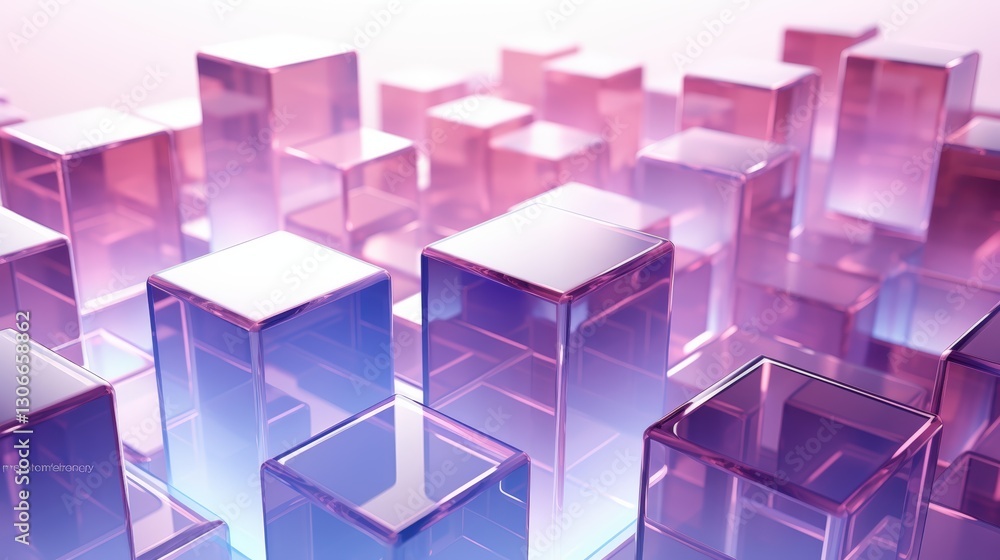Poster abstract layers of translucent cubes in shades of pink and purple against a light background creatin