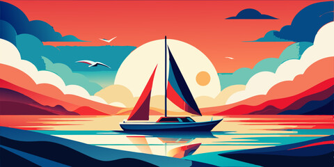 Naklejka premium Ilustración vibrante de un velero en aguas tranquilas al atardecer con cielos naranjas y reflejos en el agua. 