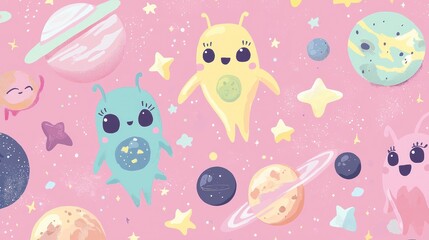 Cute smiling aliens floating around space surrounded by stars and planets
