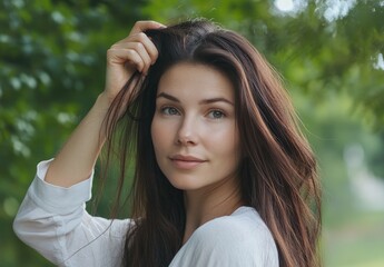 a young woman with long hair wearing a white shirt, posing while holding her hair against a green bush.