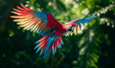 Obraz premium Scarlet Macaw in Flight Through Jungle