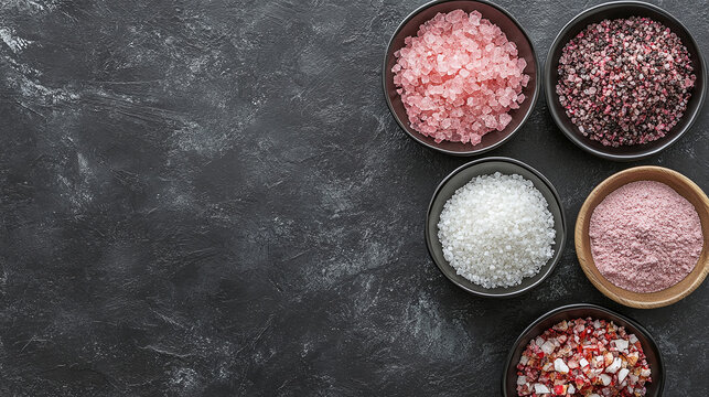 Assortment of gourmet salts in small bowls on dark background. Pink Himalayan, white sea salt, black lava salt, and a mix of red and white. - Powered by Adobe