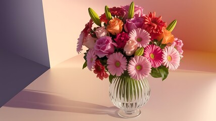 Fototapeta premium Beautiful bouquet of flowers in vase on white background top view flat lay