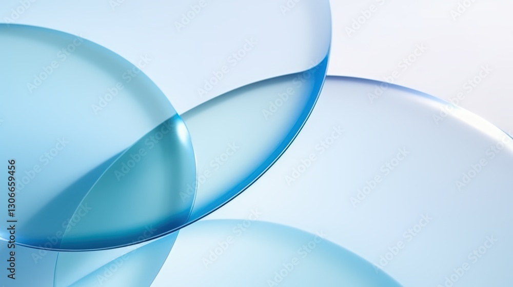 Poster close-up of three transparent blue glass lenses overlapping with soft background creating a modern, 