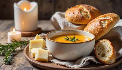 Cheese soup with baguette and candlelight setting