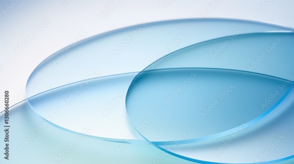 Fototapete three overlapping circular glass shapes with soft blue gradients on a light background for abstract 