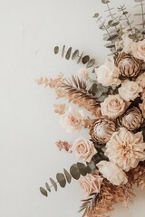 Dried flowers texture beige peony protea eucalyptus branches roses on white background flat lay top view floral background