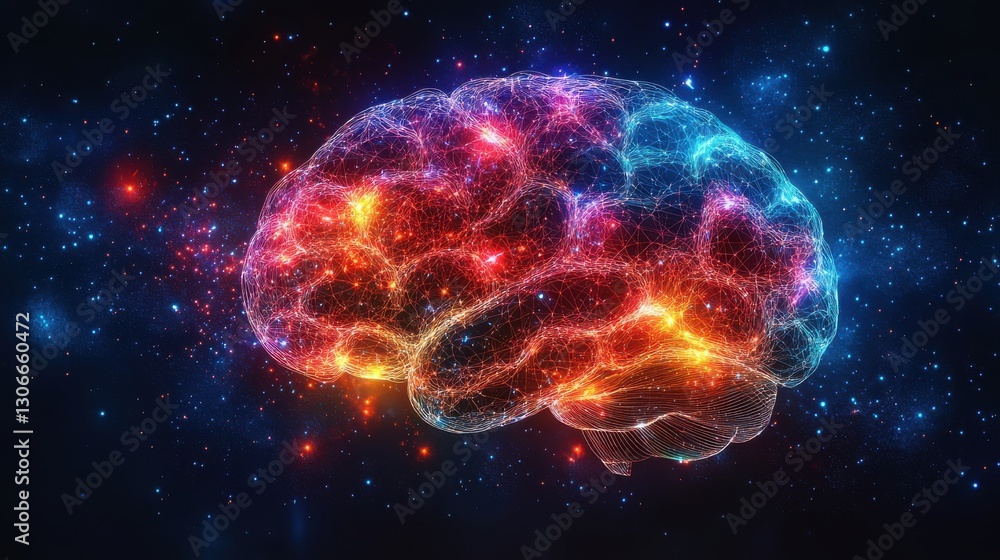 Poster a colorful neon depiction of a human brain vividly highlighting its intricate neural connections aga