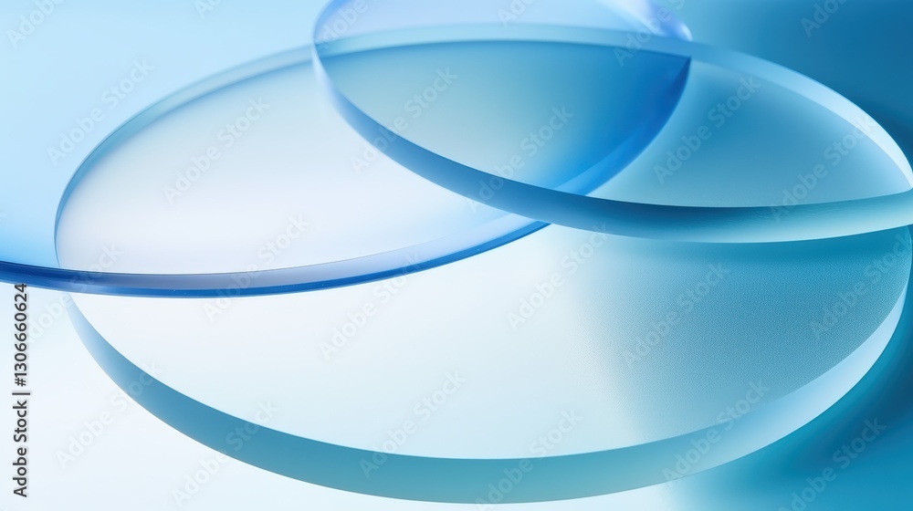 Poster abstract close-up of three overlapping transparent glass shapes with soft blue tones creating a mode